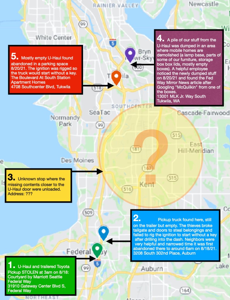 Stolen U-Haul with property of Mary McQuilkin and Robert Miles Brodsky in Federal Way, Auburn, Burien, Tukwila, and Normandy Park Washington.