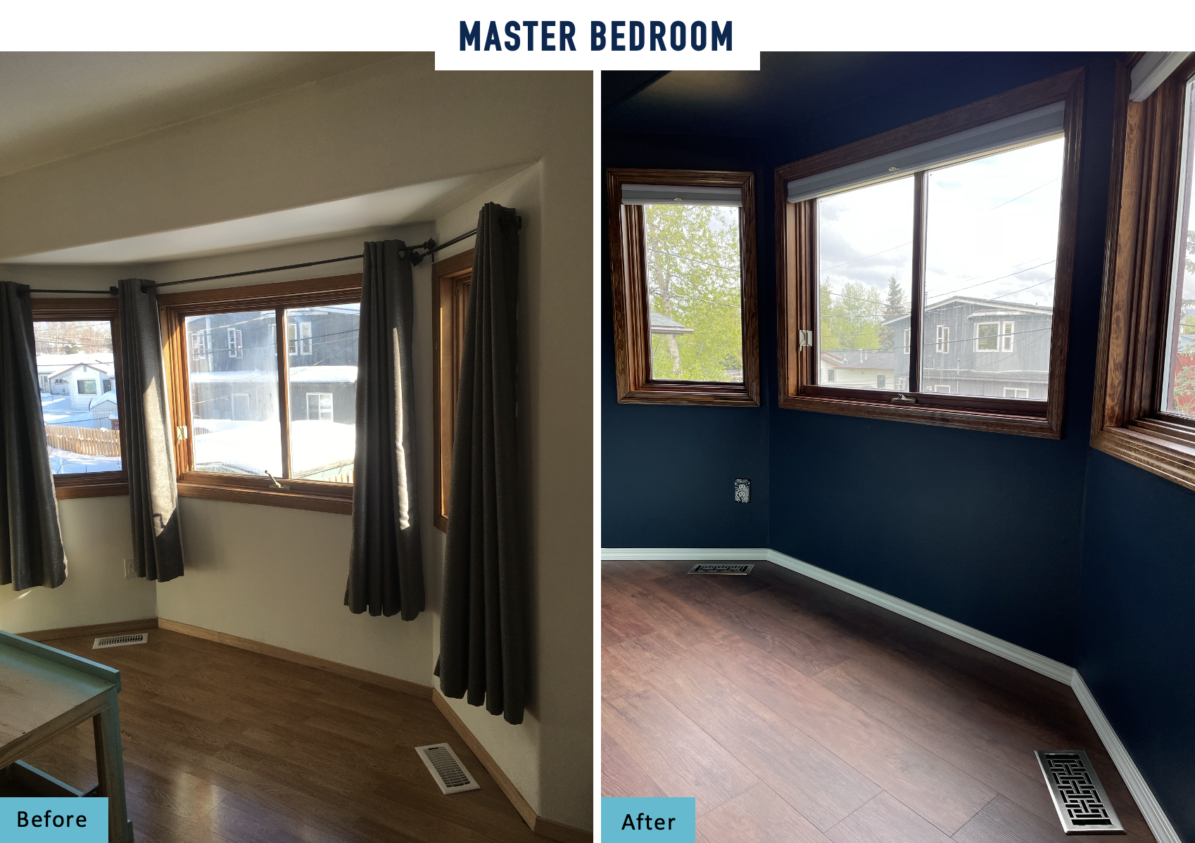 MASTER BEDROOM Before: existing wood window trim was badly damaged with holes for 4 sets of curtain rods.
Bulky curtains blocked the windows and took up space in the room.